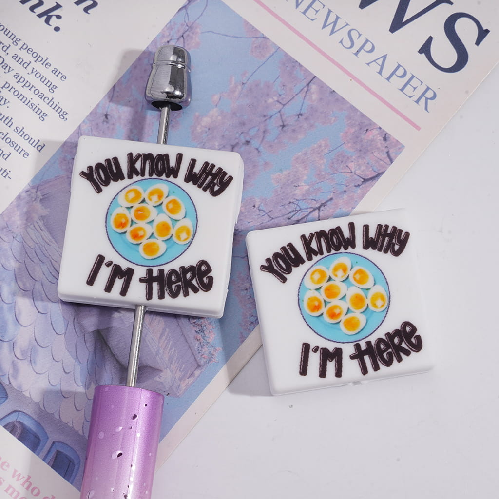 Silicone Focal Beads with Text "You Know Why I'm Here" and A Plate of Eggs, Flat Square Shape