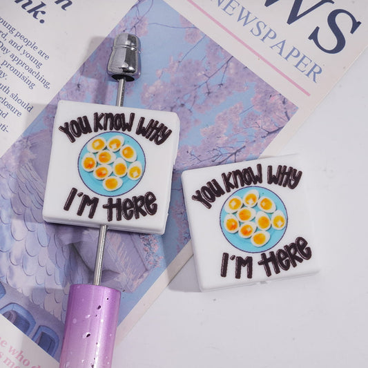 Silicone Focal Beads with Text "You Know Why I'm Here" and A Plate of Eggs, Flat Square Shape
