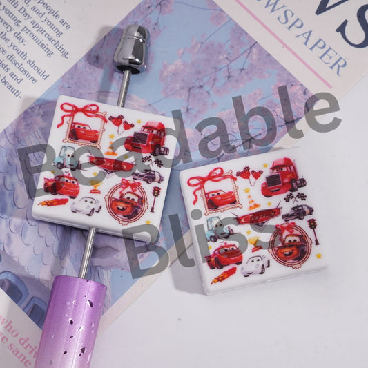 Silicone Focal Beads with Various Style Sports Car Patterns, Flat Square Shape