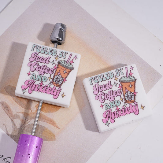 Silicone Focal Beads with Ice Coffee Cup and Text "Fueled By Iced Coffee AND Anxiety", Flat Square Shape