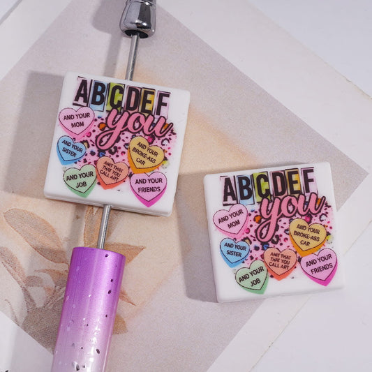Silicone Focal Beads with Various Words and Hearts, Flat Square Shape