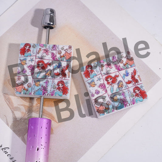 Silicone Focal Beads with Beautiful Mermaid Character in Comic Layout, Flat Square Shape