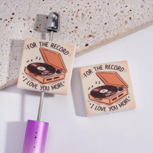 Silicone Focal Beads with Vinyl Record Player and Text "FOR THE RECORD & I LOVE YOU MORE", Flat Square Shape