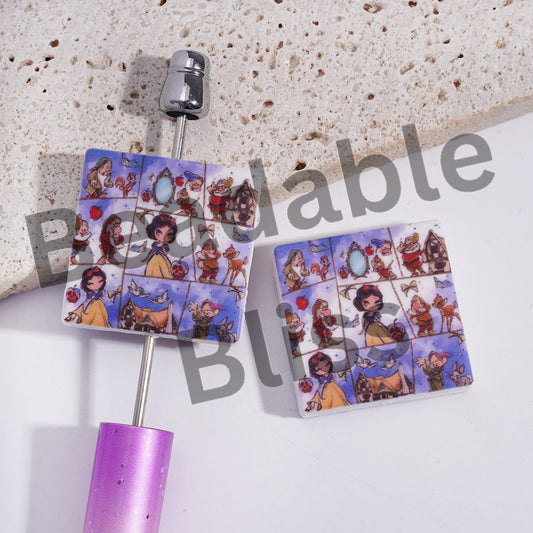 Silicone Focal Beads with White Snowflake Princess Character in Comic Layout, Flat Square Shape