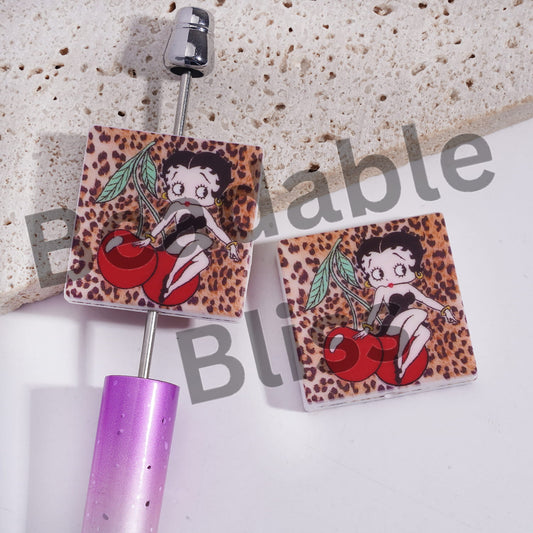 Silicone Focal Beads with Old Girl Character Sitting Red Cherry, Flat Square Shape