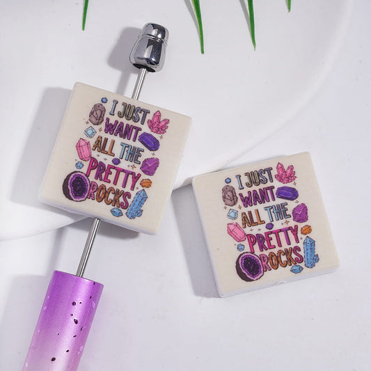 Silicone Focal Beads with Text "I JUST WANT ALL THE PRETTY ROCKS" and Crystal, Flat Square Shape