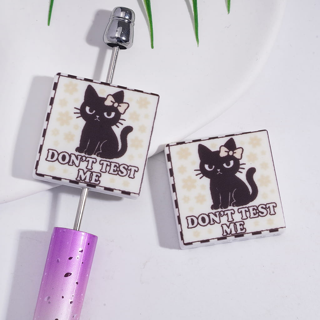 Silicone Focal Beads with Black Cat and Text "DON'T TEST ME", Flat Square Shape