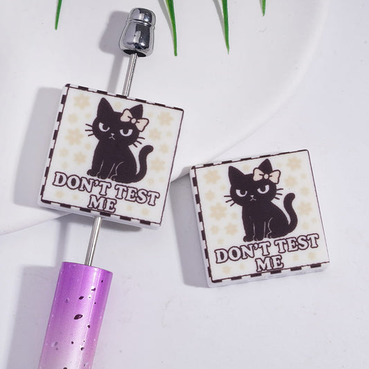 Silicone Focal Beads with Black Cat and Text "DON'T TEST ME", Flat Square Shape
