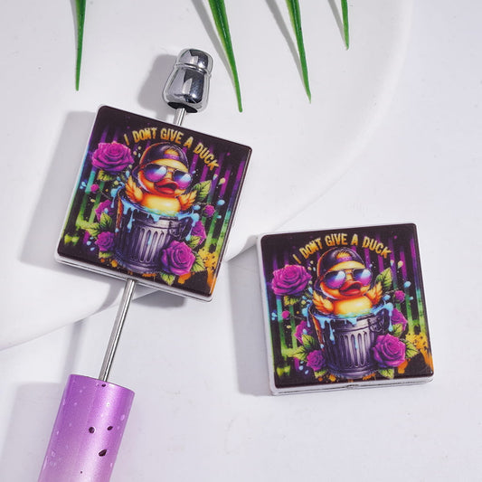 Silicone Focal Beads with Cool Duck Taking Bath in Iron Bucket and Text "I DON'T GIVE A DUCK", Flat Square Shape