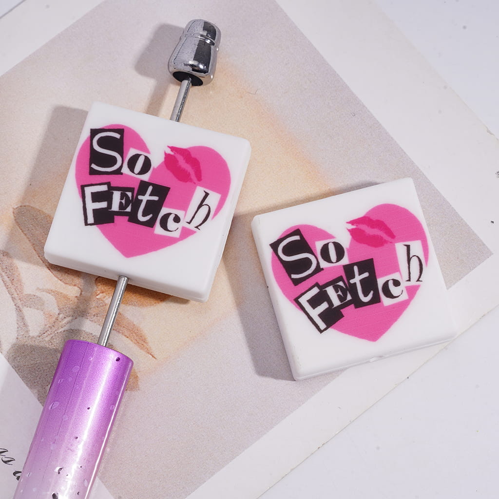 Silicone Focal Beads with Pink Heart Red Lip and Text "So FEtch", Flat Square Shape