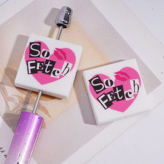 Silicone Focal Beads with Pink Heart Red Lip and Text "So FEtch", Flat Square Shape