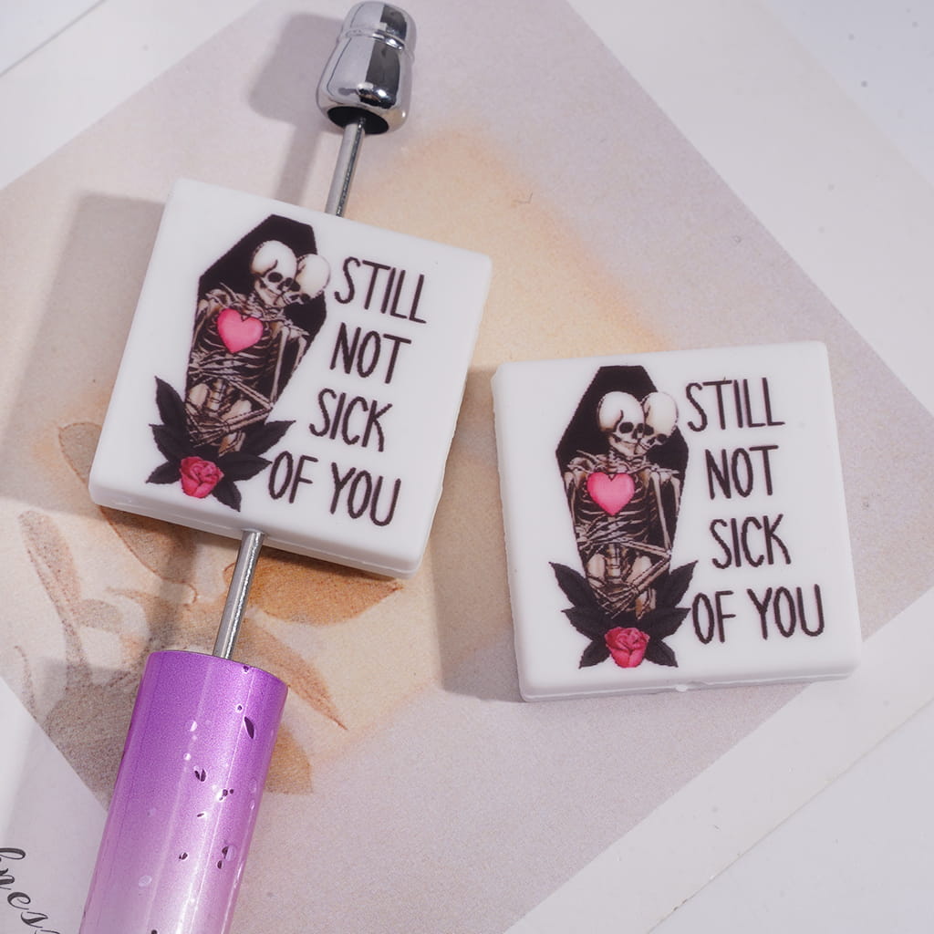 Silicone Focal Beads with Couple joint burial coffin and Text "STILL NOT SICK OF YOU", Flat Square Shape