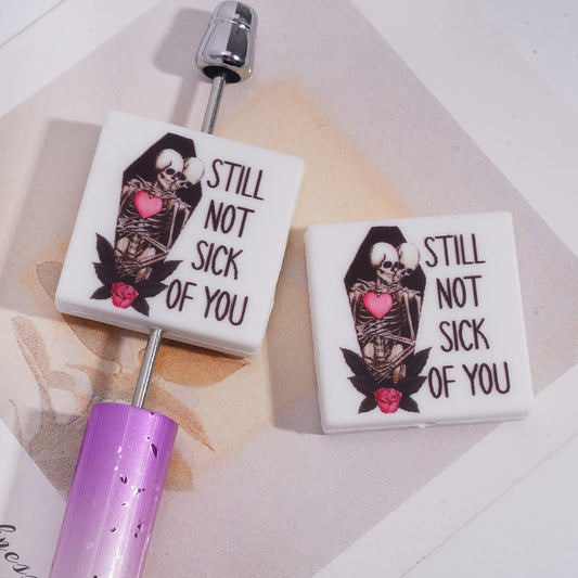 Silicone Focal Beads with Couple joint burial coffin and Text "STILL NOT SICK OF YOU", Flat Square Shape