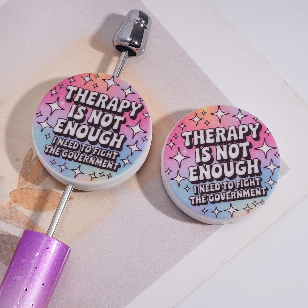 Silicone Focal Beads with White Text "THERAPY IS NOT ENOUGH..." and Stars, Flat Round Shape