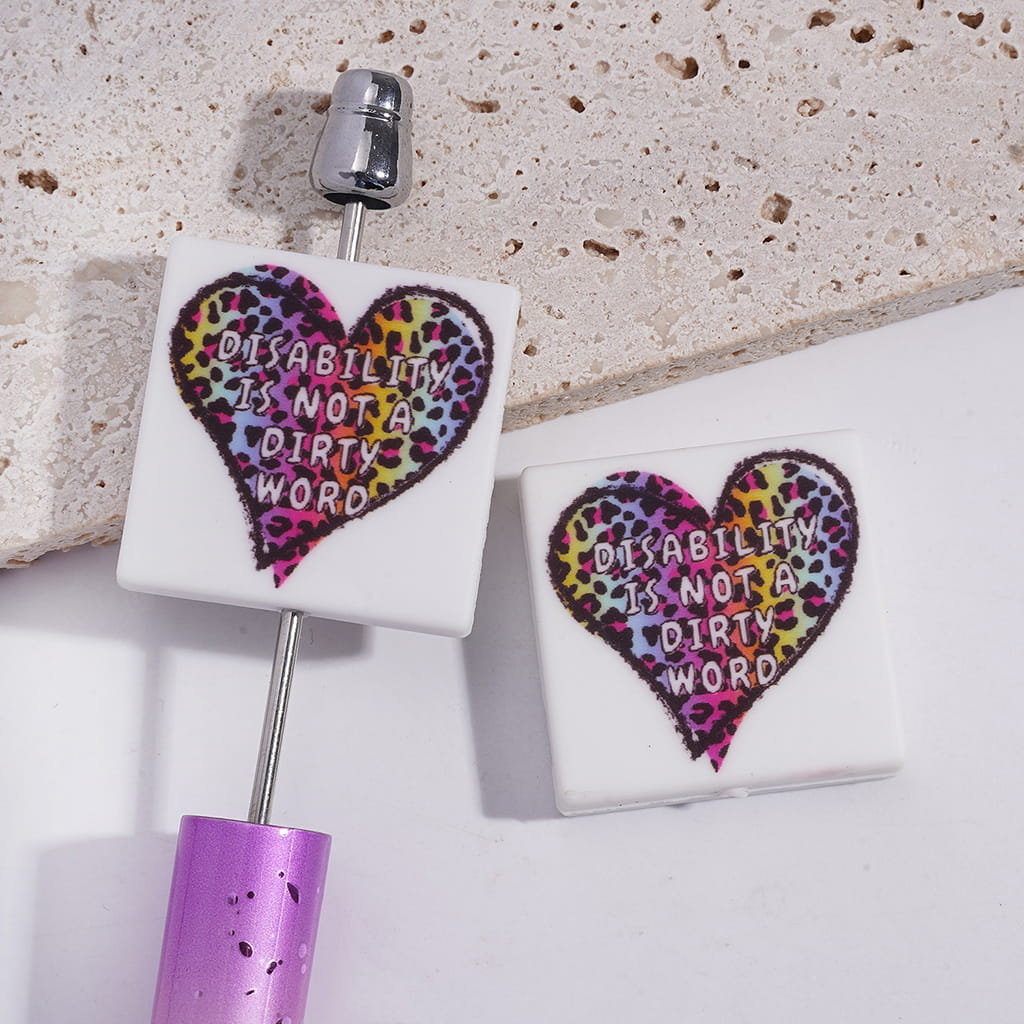 Silicone Focal Beads with Colorful Leopard Printed Heart and Text "DISABILITY IS NOT A DIRTY WORD", Flat Square Shape