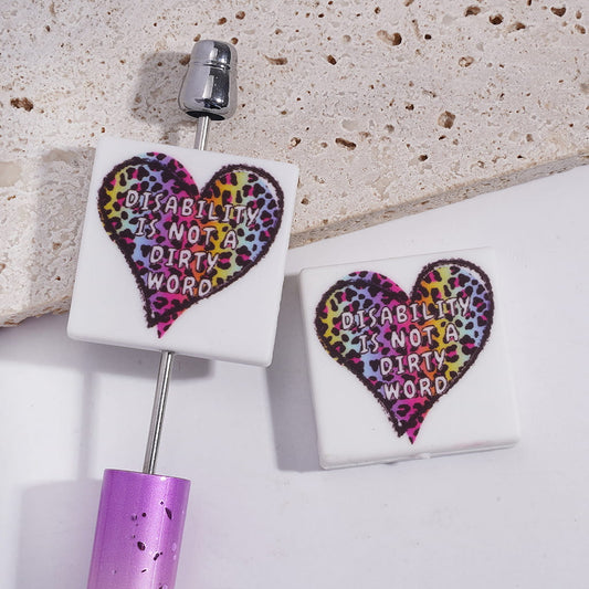Silicone Focal Beads with Colorful Leopard Printed Heart and Text "DISABILITY IS NOT A DIRTY WORD", Flat Square Shape