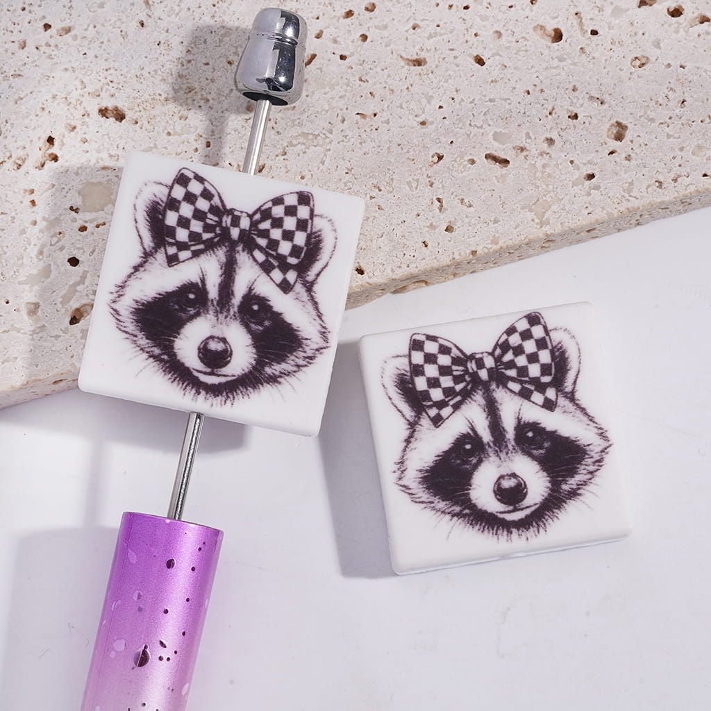 Silicone Focal Beads with Raccoon Wearing Black White Checkered Bowtie on Head, Flat Square Shape