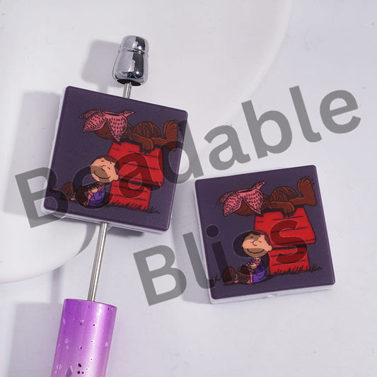 Silicone Focal Beads with Little Boy Character Leaning Against Red Doghouse and Corpse Flower Character, Flat Square Shape
