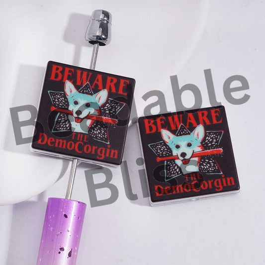 Silicone Focal Beads with Text "BEWARE THE DEMOCORGIN" and Dog Biting Baseball Bat Horror Theme, Flat Square Shape