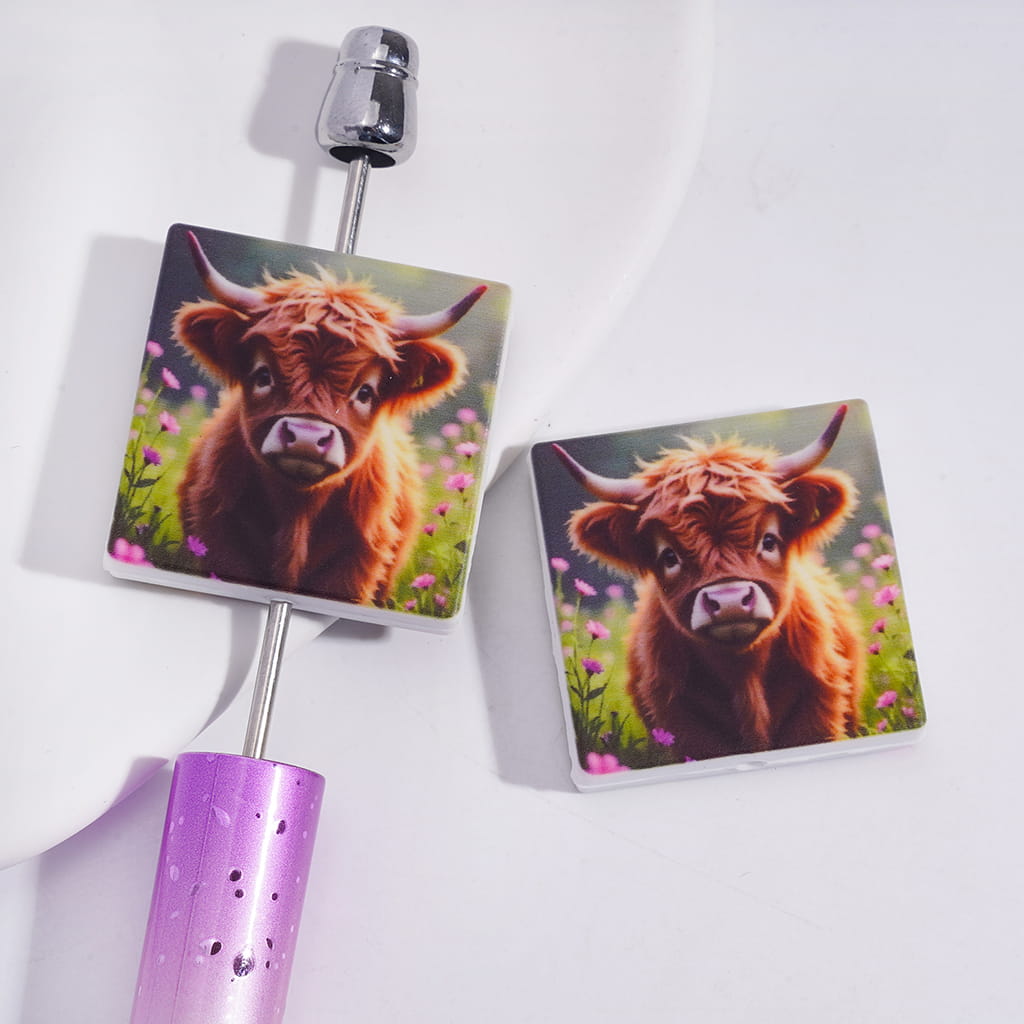 Silicone Focal Beads with Highland Cow Standing on the Flowers Grass, Flat Square Shape