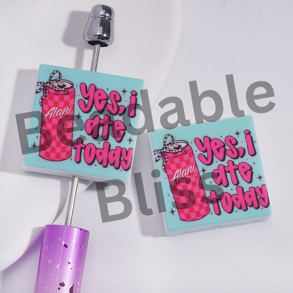 Silicone Focal Beads with Pink Soda Drink Can and Text "yes, i date today", Flat Square Shape