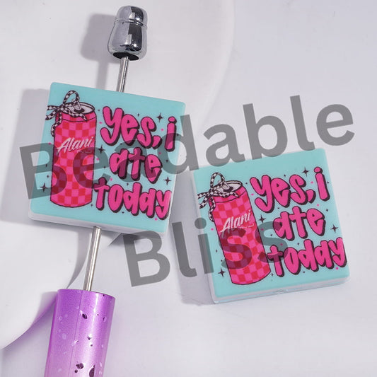 Silicone Focal Beads with Pink Soda Drink Can and Text "yes, i date today", Flat Square Shape