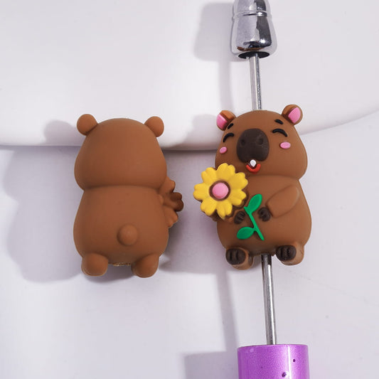 Silicone Focal Beads 3D Cute Capibara Holding Yellow Flower