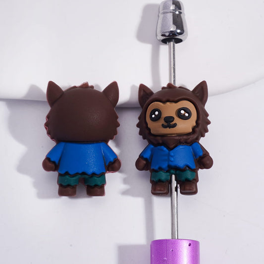 Silicone Focal Beads 3D Werewolf with Dark Blue Jacket and Green Shorts