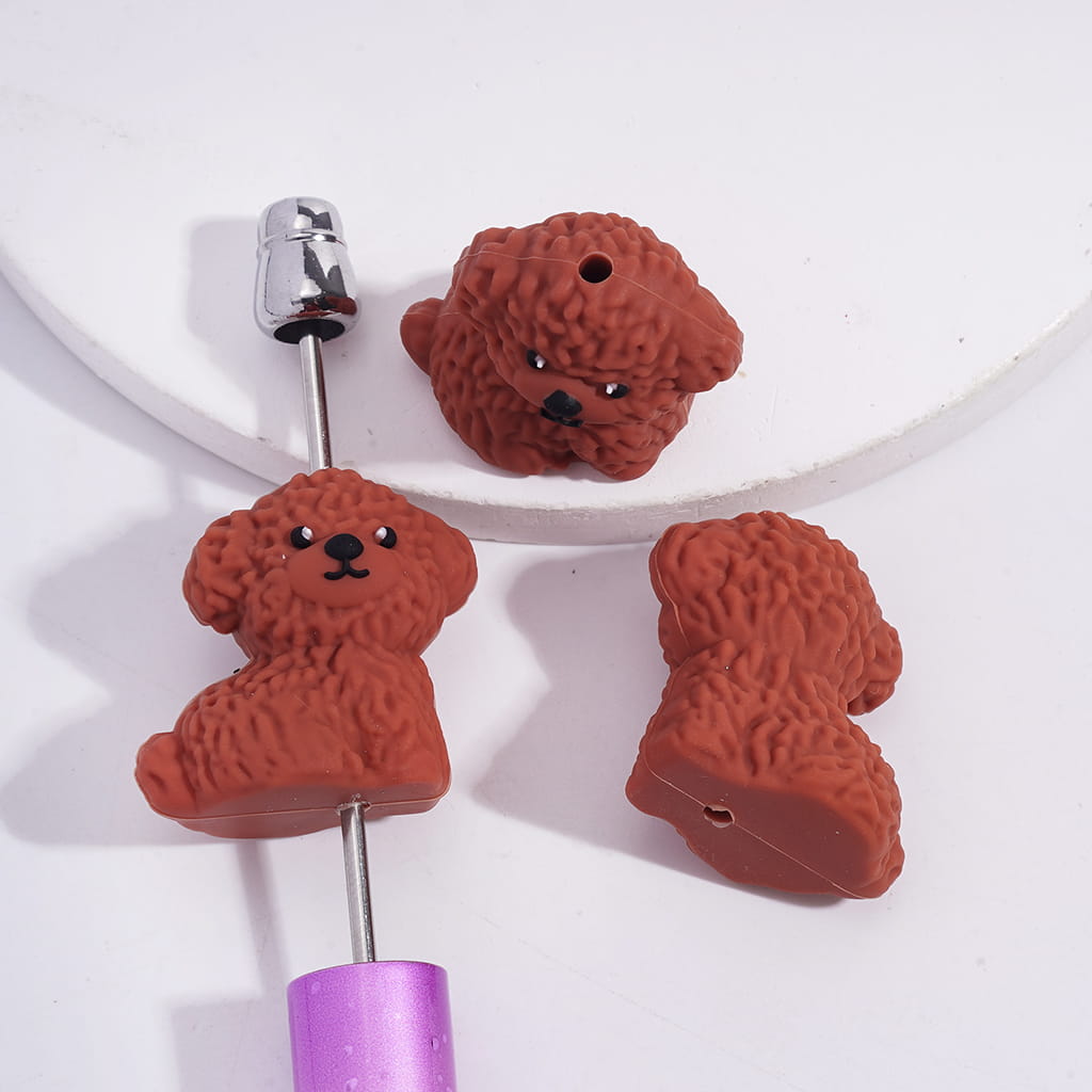 Silicone Focal Beads 3D Red Crown Teddy Dog in Sitting Gesture