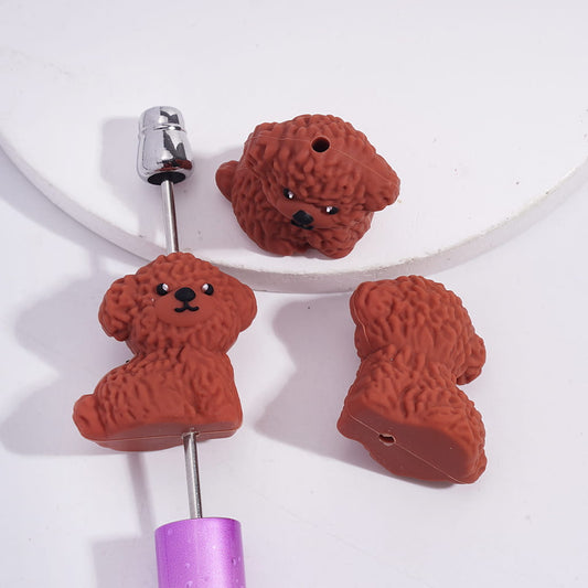 Silicone Focal Beads 3D Red Crown Teddy Dog in Sitting Gesture