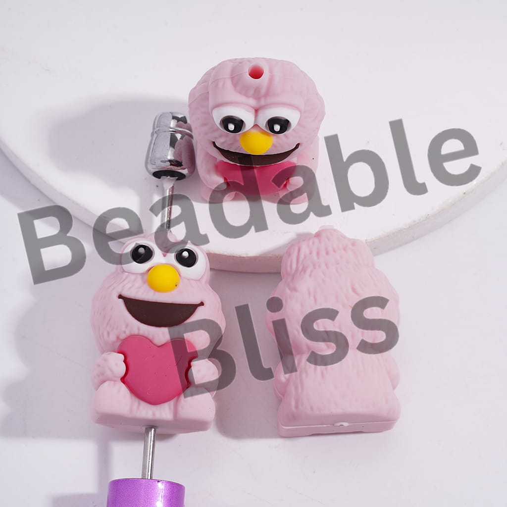 Silicone Focal Beads 3D Classic Puppet Character Pink Flocked Monster Holding Heart