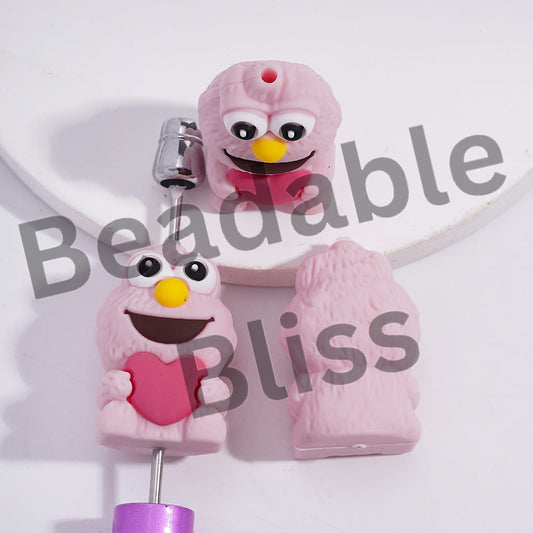 Silicone Focal Beads 3D Classic Puppet Character Pink Flocked Monster Holding Heart
