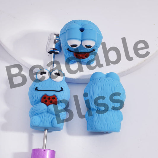 Silicone Focal Beads 3D Classic Puppet Character Blue Cookie Monster