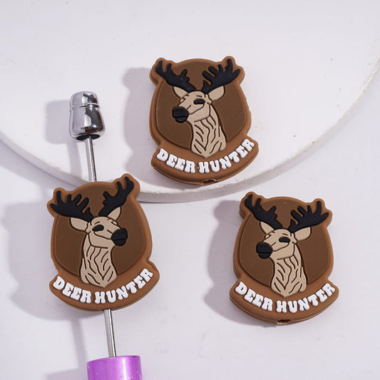 Silicone Focal Beads Light Brown Elk and Text "DEER HUNTER"