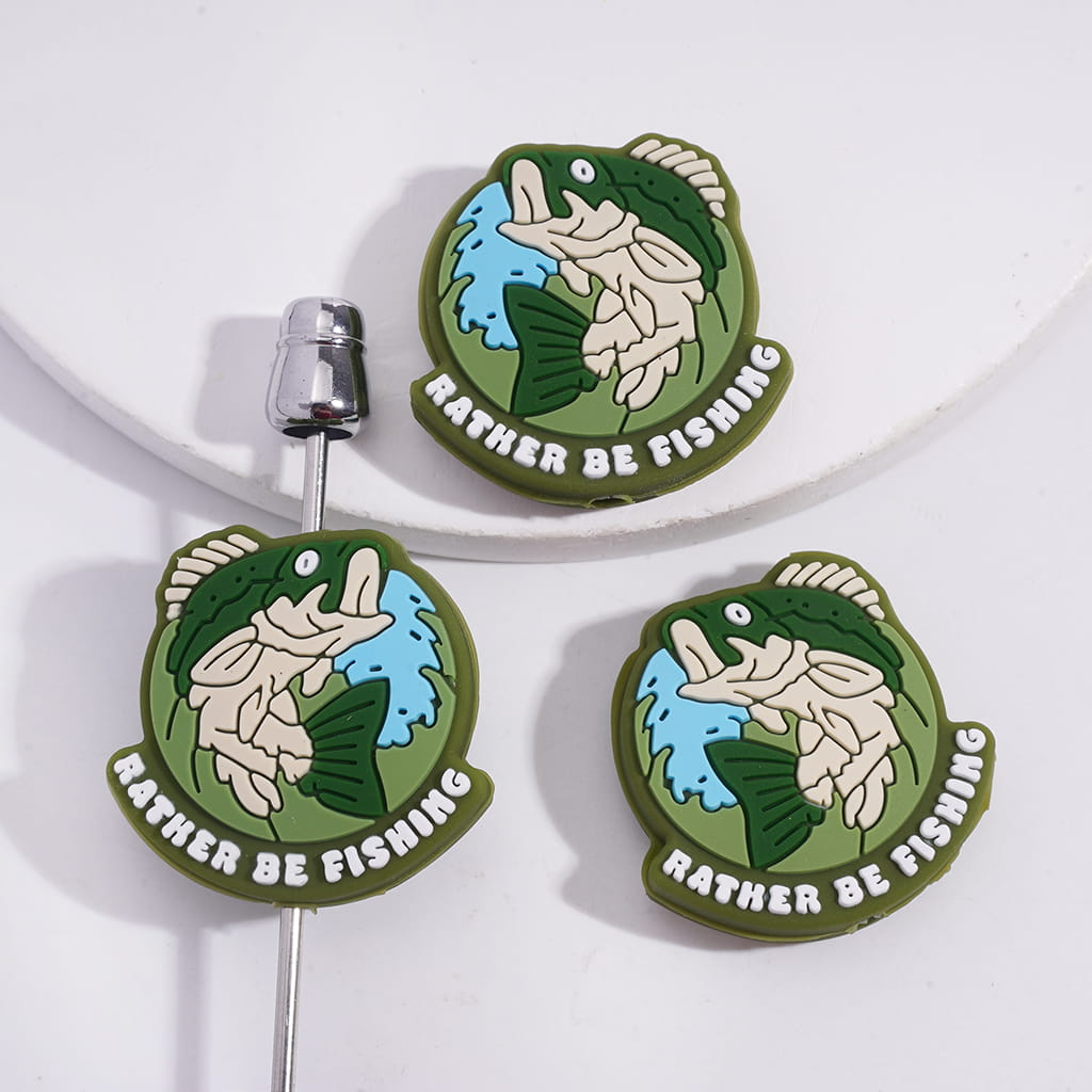 Silicone Focal Beads with Text "RATHER BE FISHIING" and Green Leaping Fish