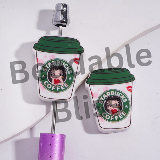 Silicone Focal Beads Coffee Cup with Old Girl Character Patterns