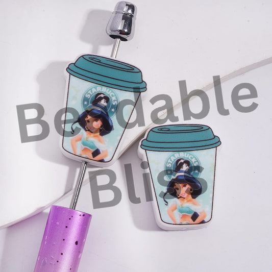 Silicone Focal Beads Coffee Cup with Magic Carpet Princess Character Patterns