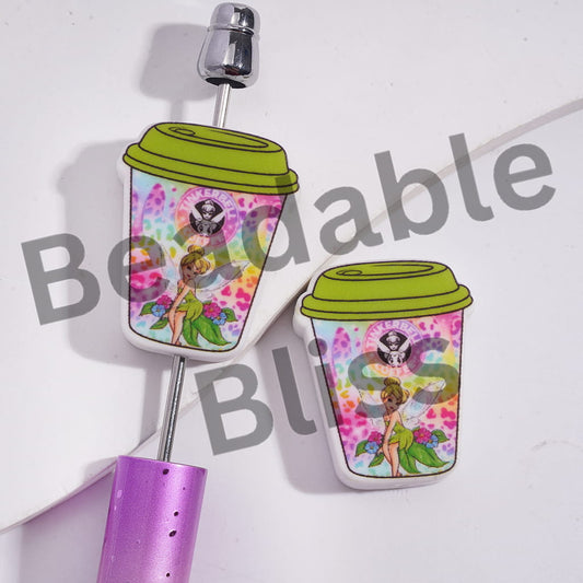 Silicone Focal Beads Coffee Cup with Flying Fairy Character Patterns