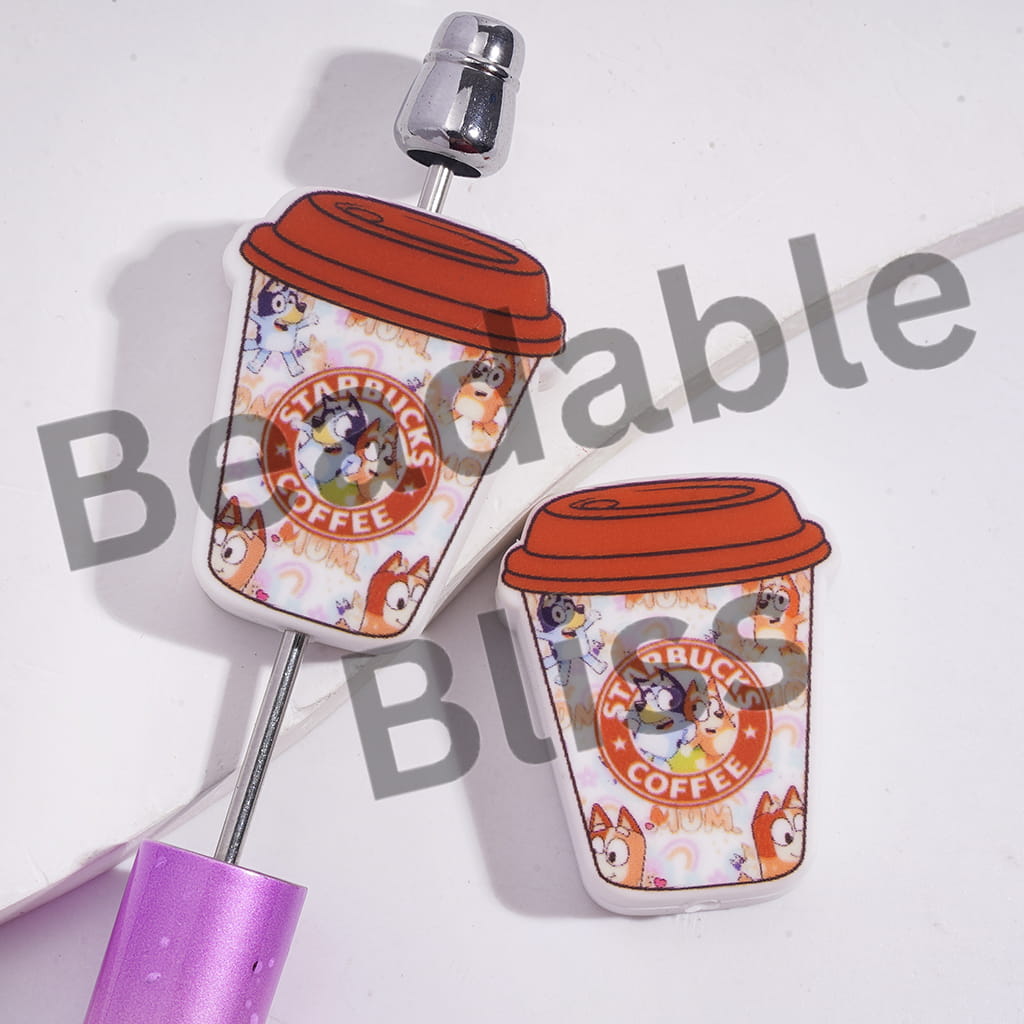 Silicone Focal Beads Coffee Cup with Blue and Orange Dog Character Patterns
