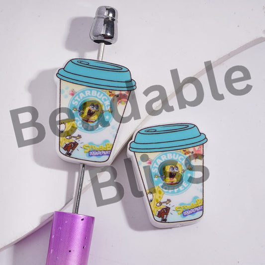 Silicone Focal Beads Coffee Cup with Yellow Sponge Character Patterns
