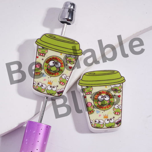 Silicone Focal Beads Coffee Cup with Big-Eyed Frog Patterns