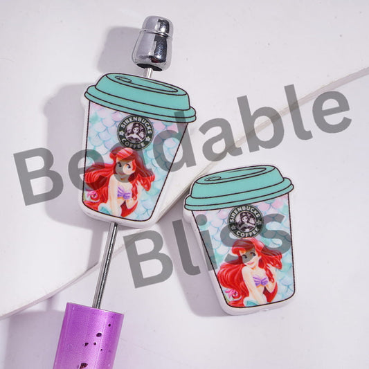Silicone Focal Beads Coffee Cup with Marine Mermaid Princess Character Patterns