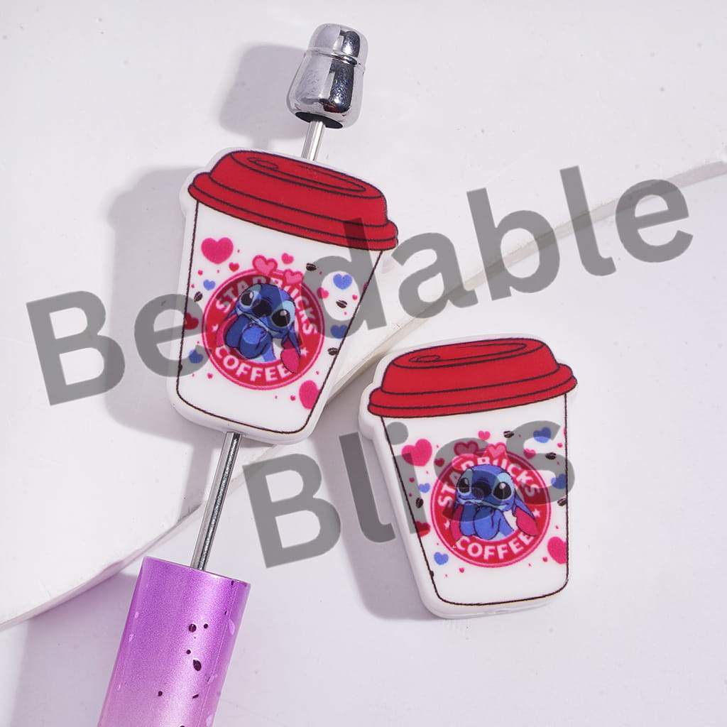 Silicone Focal Beads Coffee Cup with Blue Monster Character Patterns