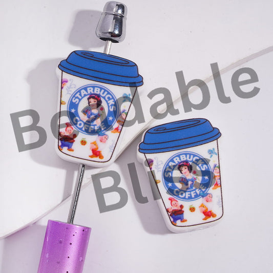Silicone Focal Beads Coffee Cup with White Snow Princess Character Patterns
