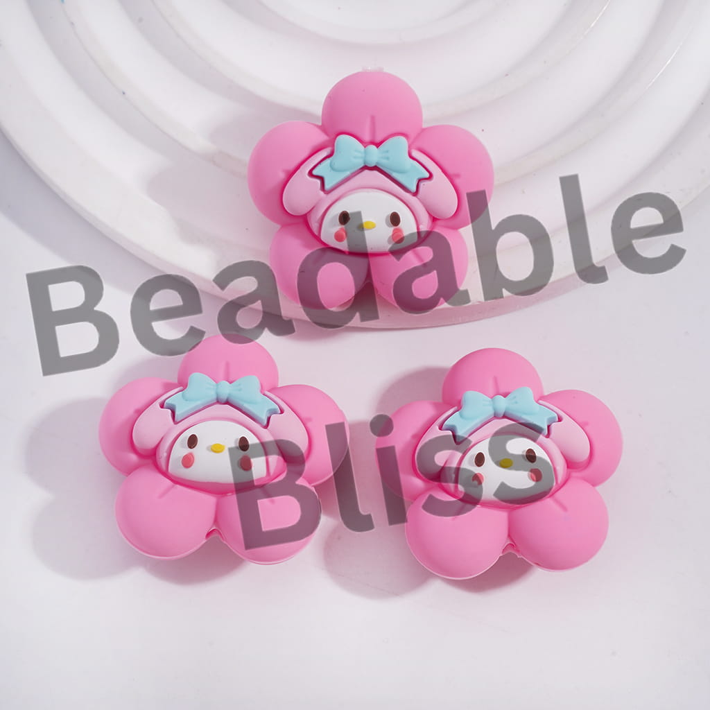 Silicone Focal Beads 3D Pink Flower with Bunny-Like Girl