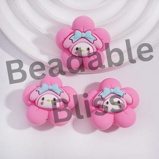 Silicone Focal Beads 3D Pink Flower with Bunny-Like Girl
