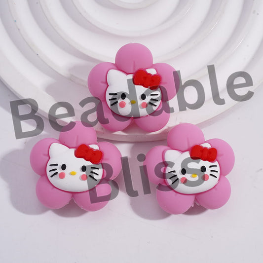 Silicone Focal Beads 3D Rose Pink Flower with Cute Cat Character