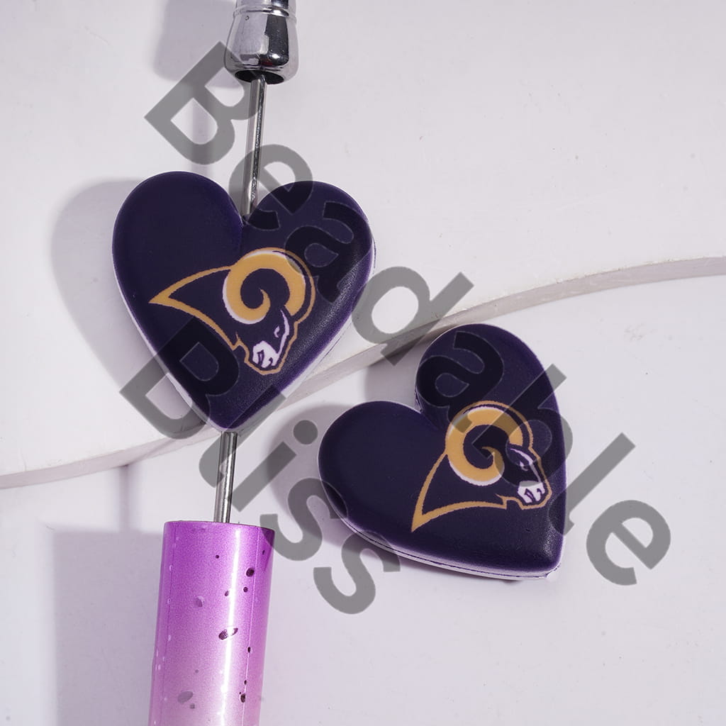 Silicone Focal Beads with American Football LA Pattern, Flat Heart Shape
