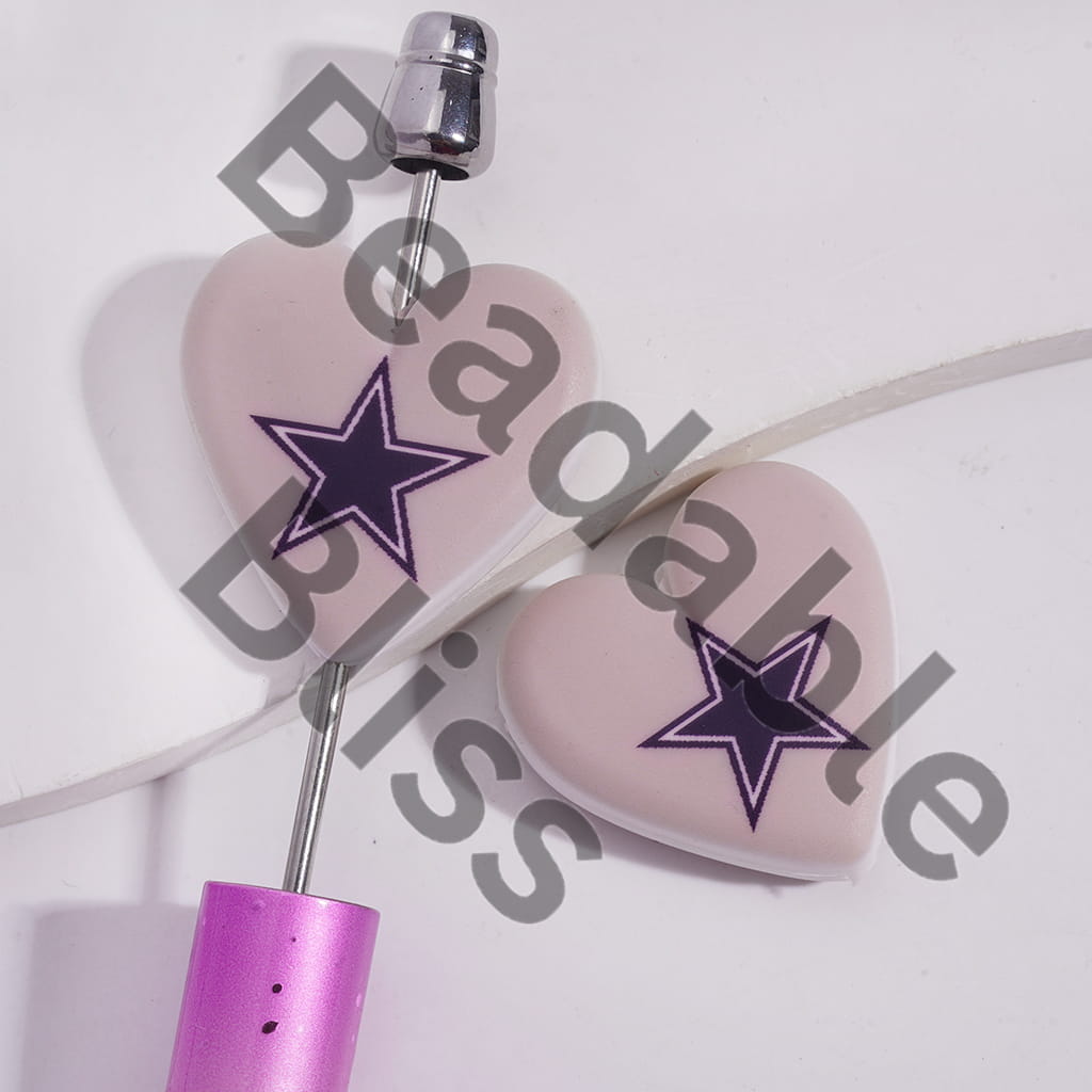 Silicone Focal Beads with American Football Dallas Pattern, Flat Heart Shape
