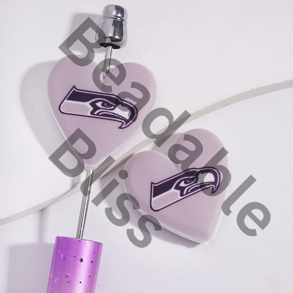 Silicone Focal Beads with American Football Seattle Pattern, Flat Heart Shape
